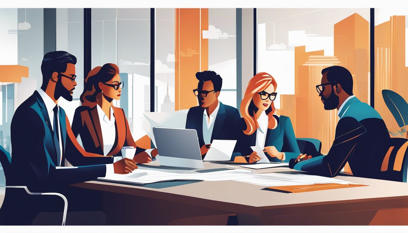 Een groep professionals bespreekt financi&euml;le strategie&euml;n in een modern kantoor.