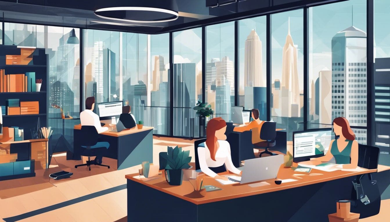 Een moderne kantoorwerkplek met georganiseerde financiële documenten en diverse medewerkers die samenwerken. Een moderne kantoorwerkplek met georganiseerde financiële documenten en diverse medewerkers die samenwerken.