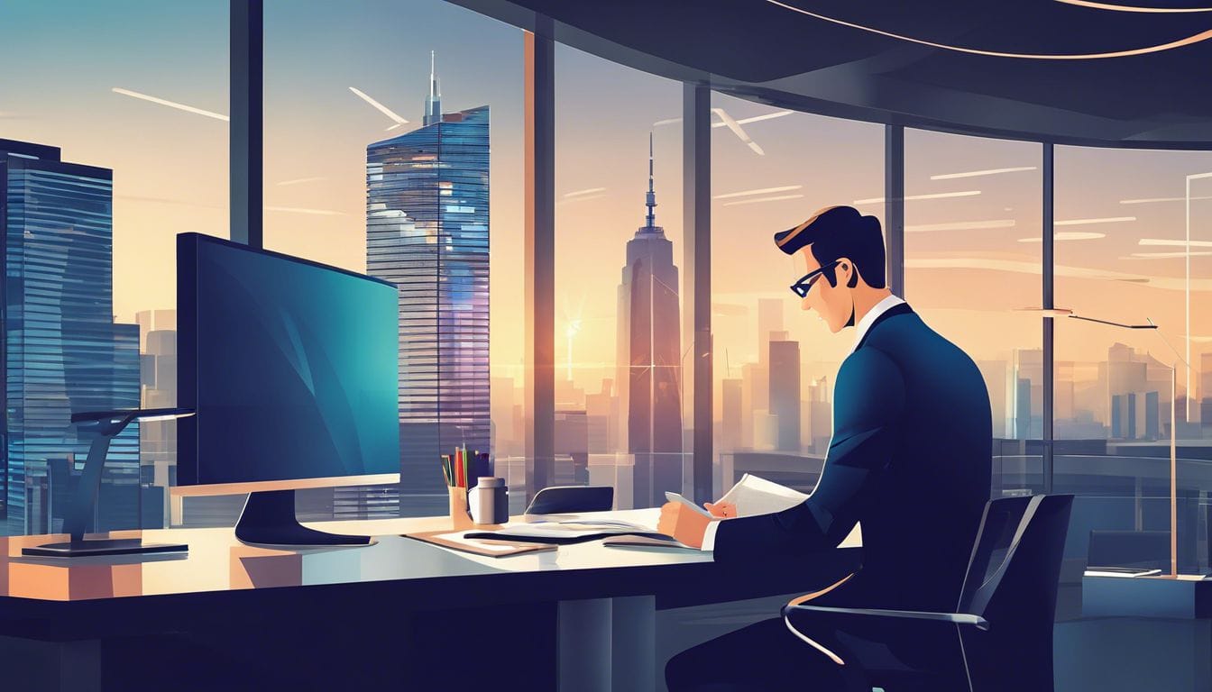 Een professionele accountant analyseert financi&euml;le documenten in een modern kantoor met stadsgezichten.