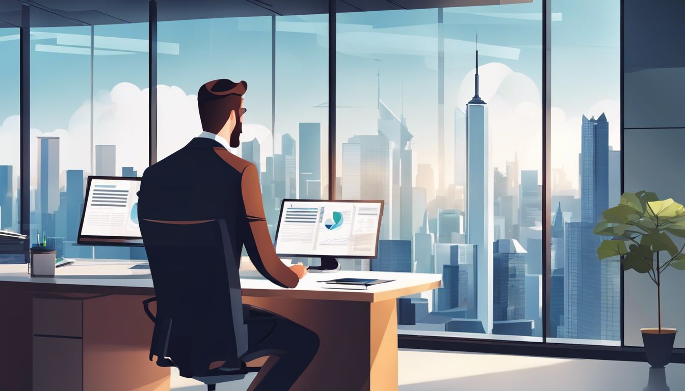 Een professionele accountant analyseert financi&euml;le documenten in een modern kantoor.