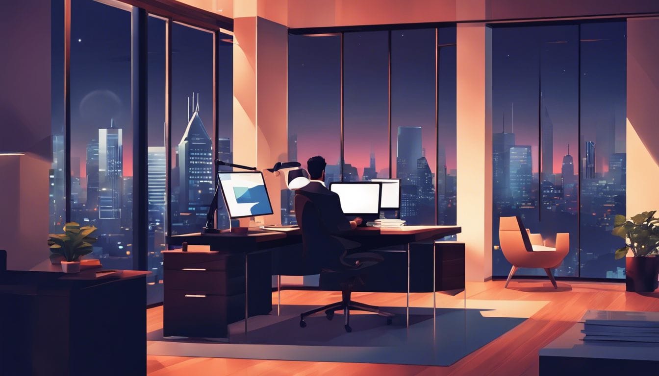 Een professionele accountant adviseert een ondernemer in een modern kantoor met uitzicht op de stad bij zonsondergang.