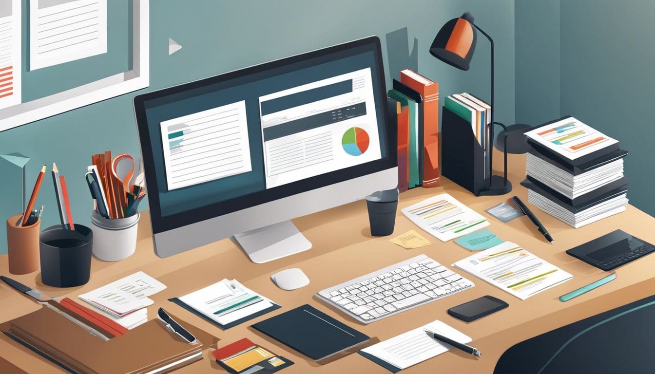Een opgeruimd bureau met georganiseerde financi&euml;le documenten in een professionele kantooromgeving.