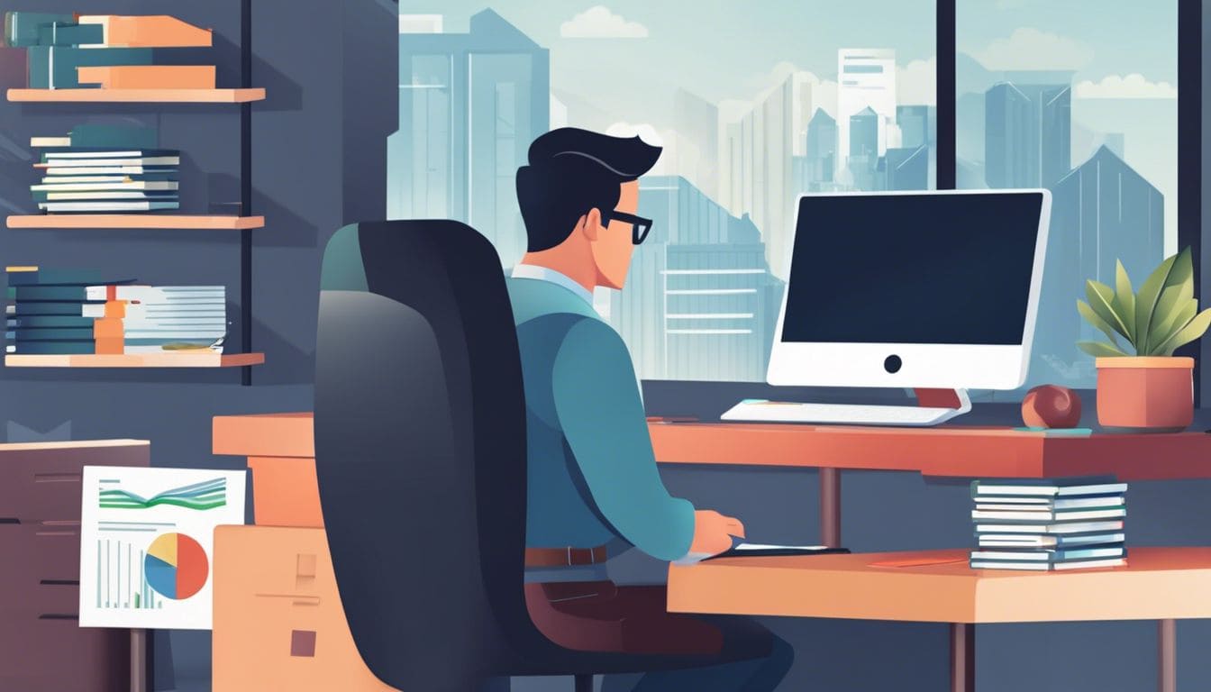 Een professionele accountant werkt geconcentreerd aan een bureau met financi&euml;le documenten en een computer.