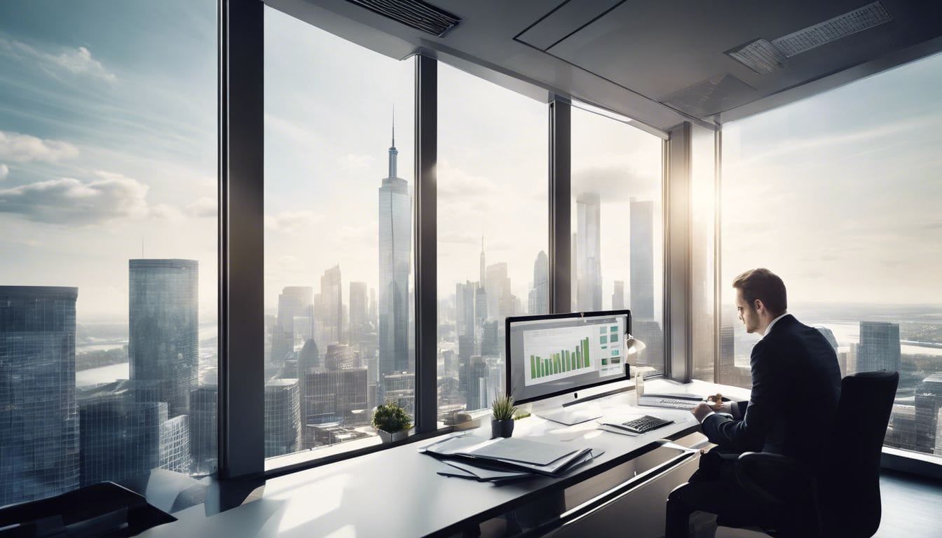 Een persoon analyseert financi&euml;le documenten in een modern kantoor met stadsgezicht.