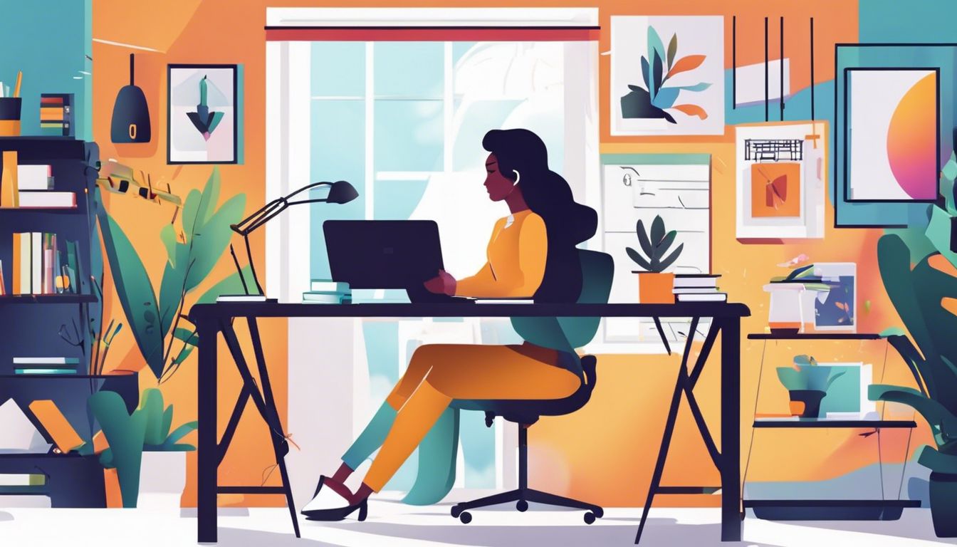 Een vrolijke freelancer werkt in een opgeruimde en moderne werkruimte.