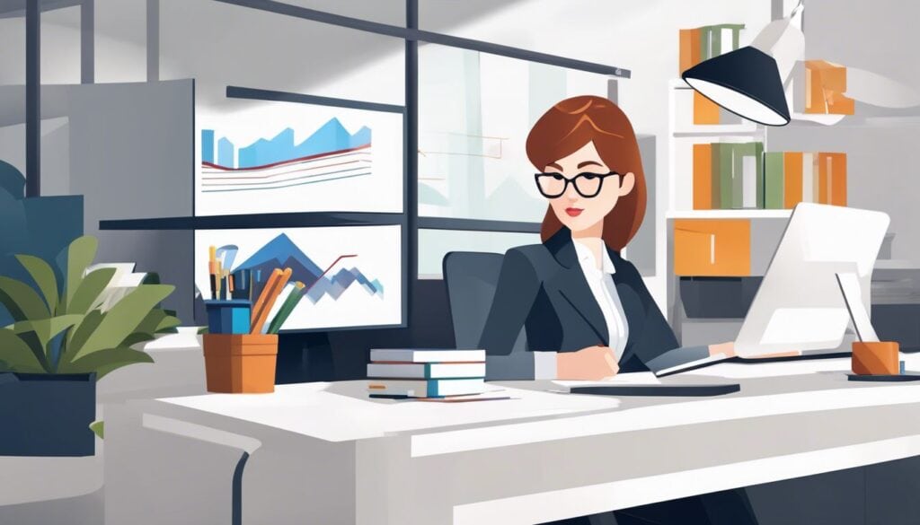 Een zelfverzekerde zakelijke eigenaar gebruikt digitale boekhoudsoftware op kantoor.