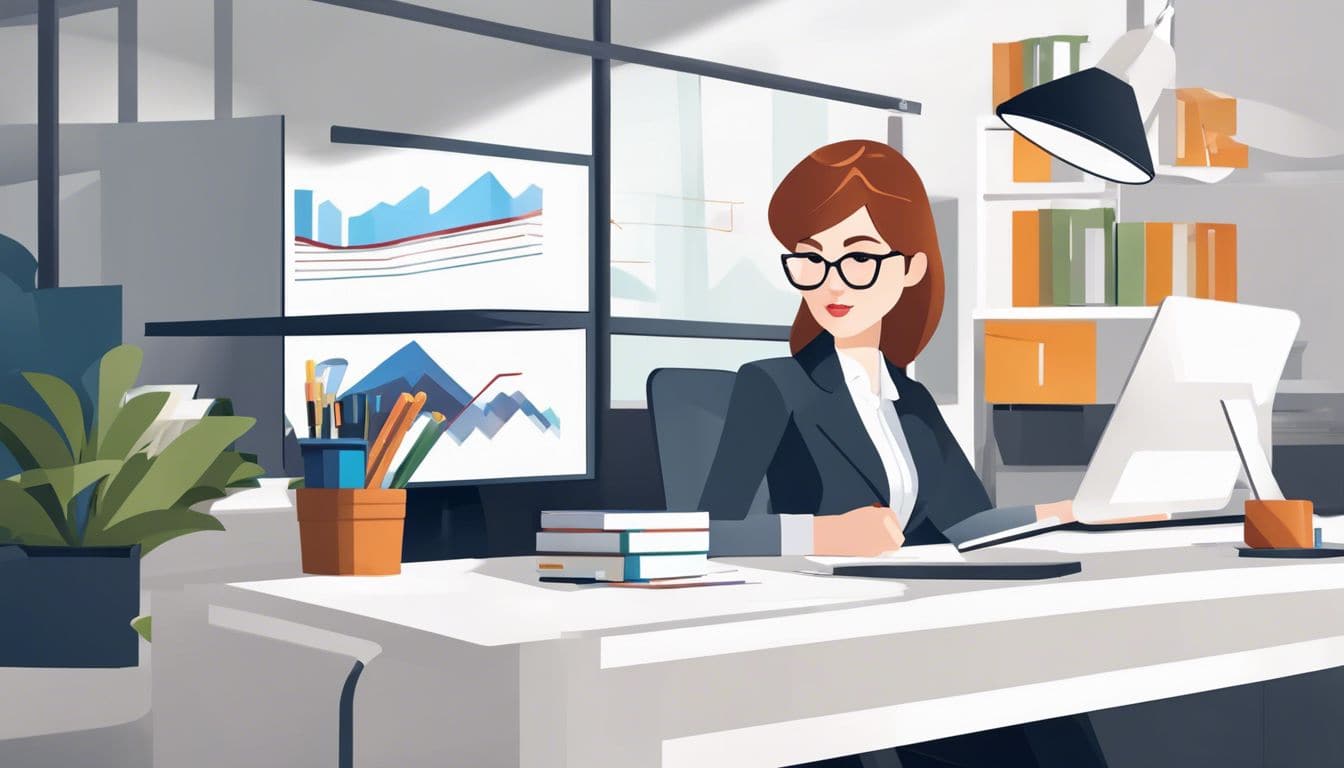 Een zelfverzekerde zakelijke eigenaar gebruikt digitale boekhoudsoftware op kantoor.