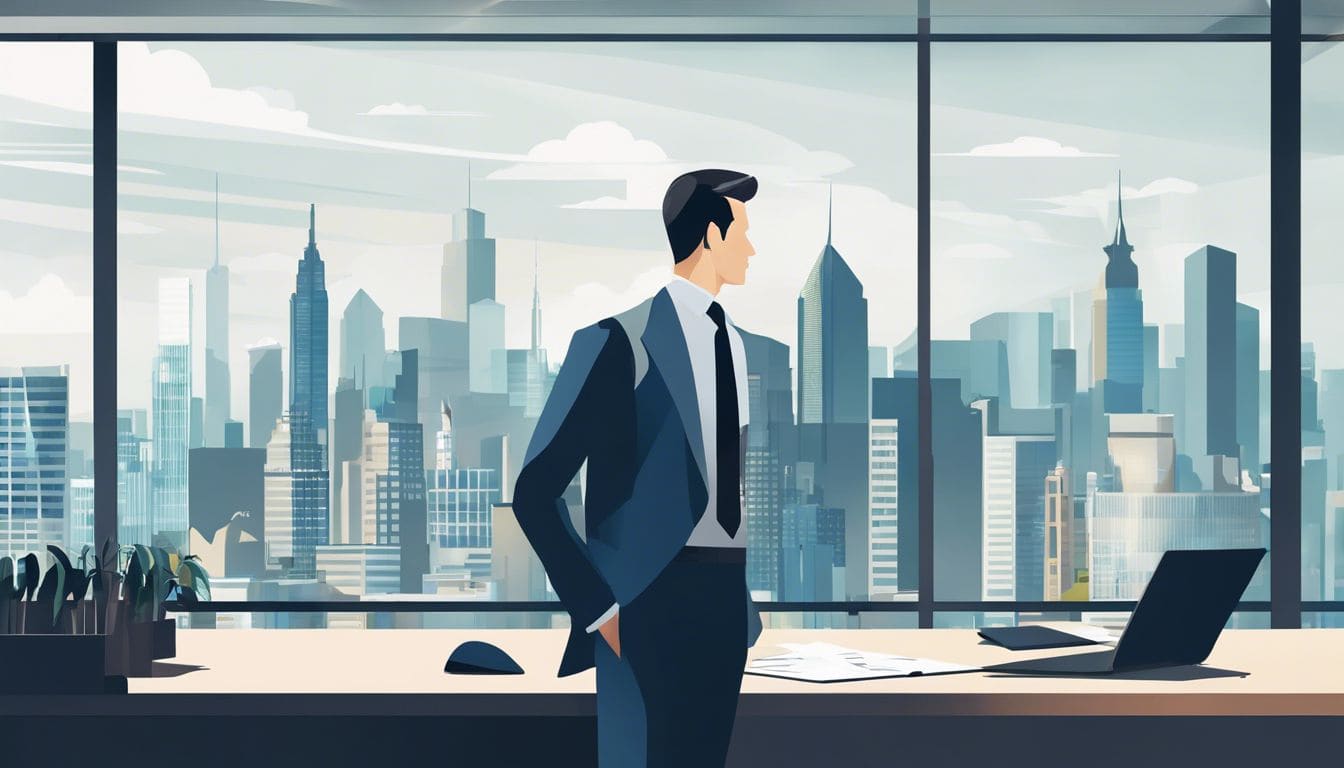 Een bedrijfsprofessional analyseert financi&euml;le gegevens in een kantoor met een stadsgezicht op de achtergrond.