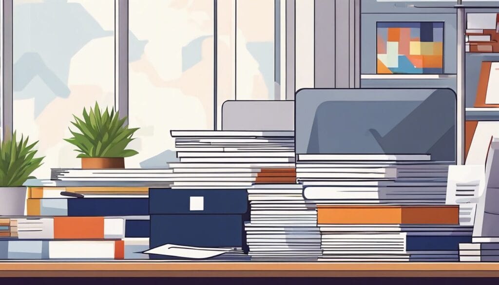 Een stapel dividenddocumenten op een net bureau omringd door kantoorbenodigdheden.