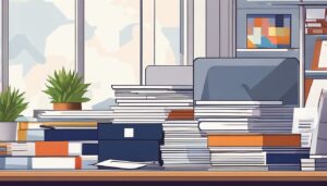Een stapel dividenddocumenten op een net bureau omringd door kantoorbenodigdheden.