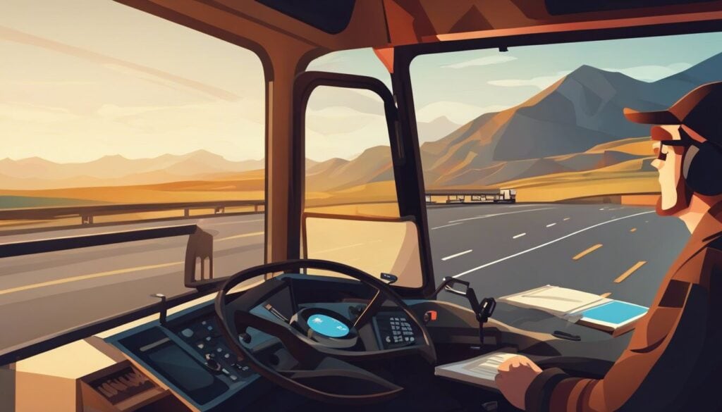 Een vrachtwagenchauffeur gebruikt een boekhoudprogramma in de cabine.