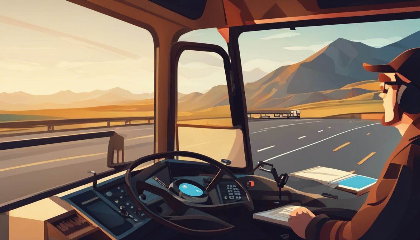 Een vrachtwagenchauffeur gebruikt een boekhoudprogramma in de cabine.