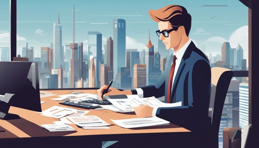 Iemand zit gefocust achter een bureau te midden van financiële documenten en kijkt uit over een drukke stad.