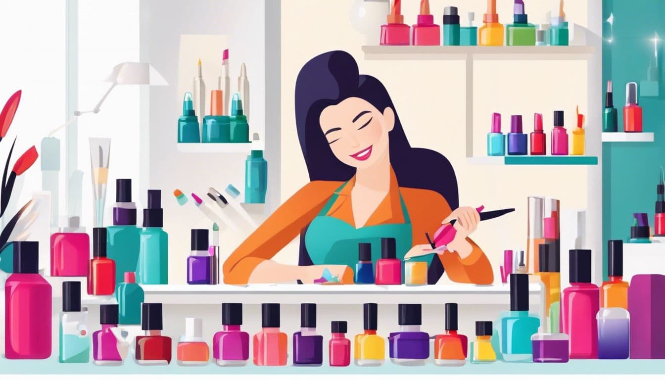 Een nageltechnicus werkt aan een klant in een levendige salonomgeving.