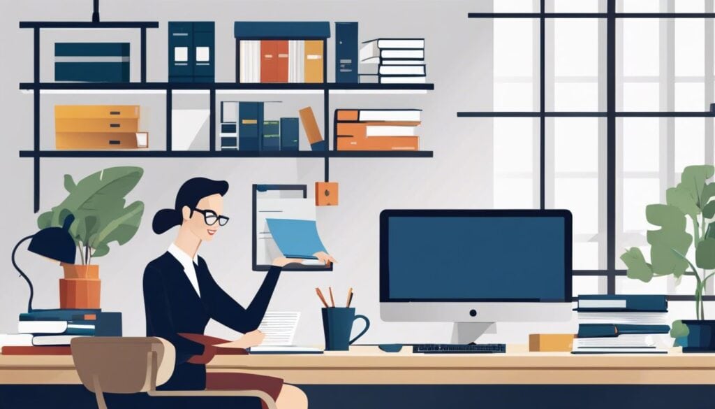 Een zakelijke eigenaar gebruikt Easy Start Accounting Software in een opgeruimde kantoorruimte.