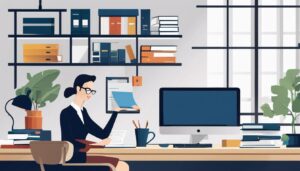 Een zakelijke eigenaar gebruikt Easy Start Accounting Software in een opgeruimde kantoorruimte.