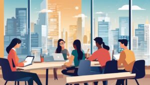 Een groep diverse studenten studeert samen in een moderne klas.