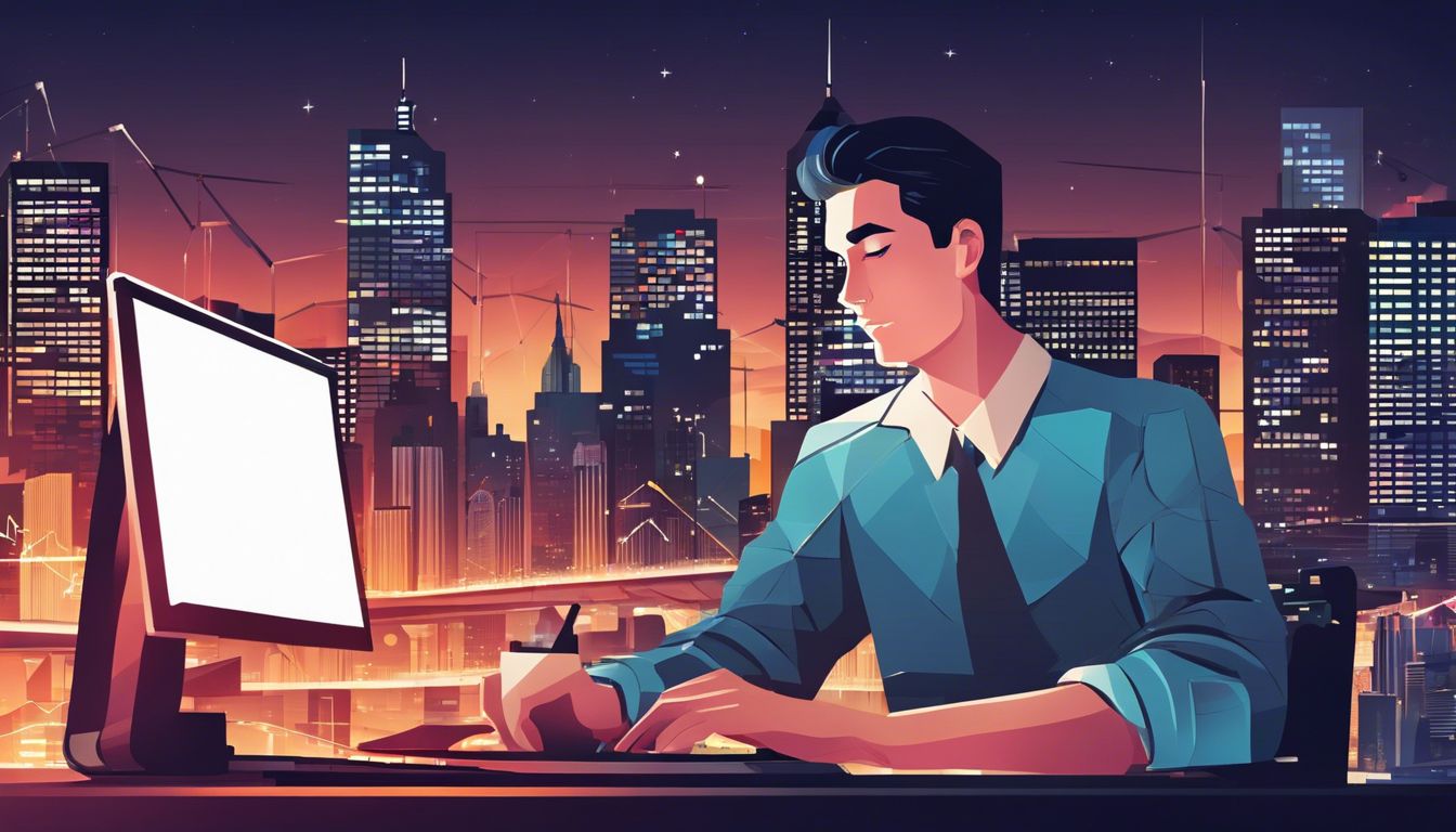 Een persoon werkt op een computer te midden van bestanden en grafieken, terwijl ze uitkijken over een bruisende stad bij nacht. Een persoon werkt op een computer te midden van bestanden en grafieken, terwijl ze uitkijken over een bruisende stad bij nacht.