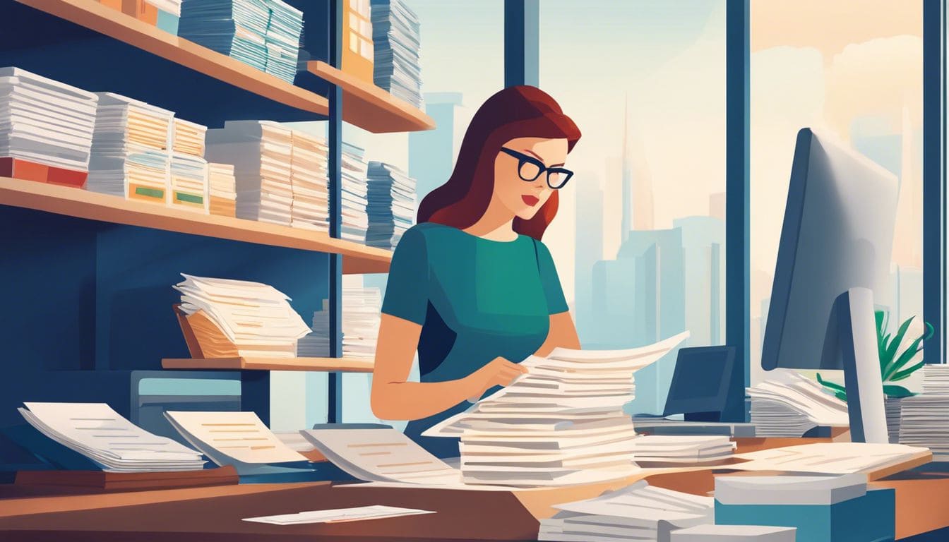 Een vrouw organiseert bonnetjes en facturen in een opgeruimd kantoor.