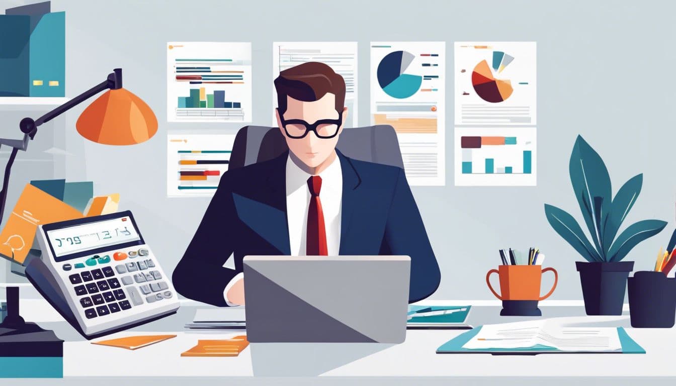 Een zakeneigenaar werkt aan een opgeruimd bureau met financiële documenten en een rekenmachine.
