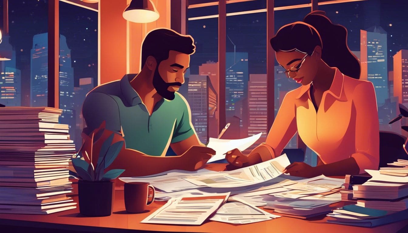 Een stel organiseert gezinsuitgaven aan een rommelig bureau in de stad. Een stel organiseert gezinsuitgaven aan een rommelig bureau in de stad.