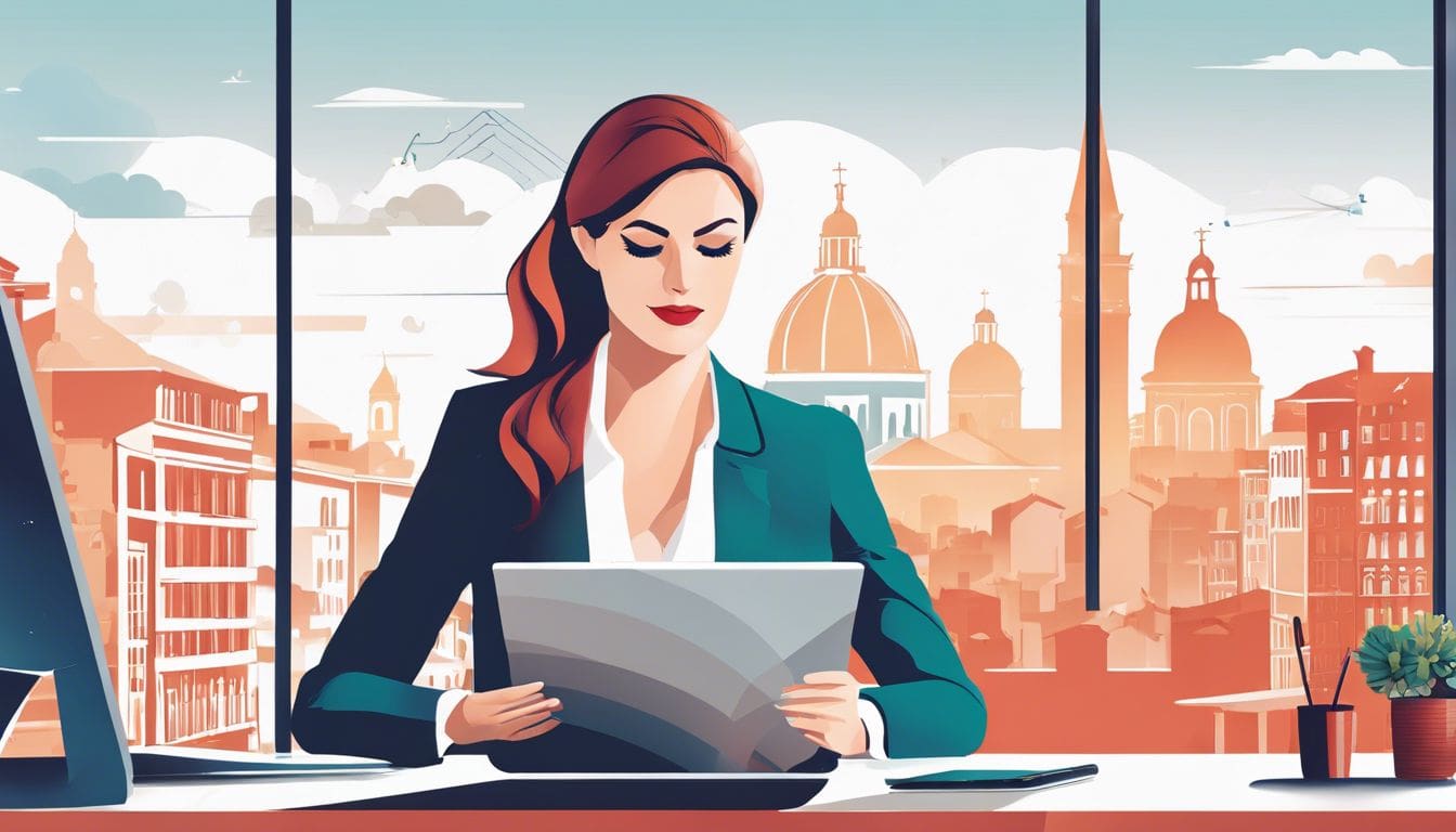 Een vrouwelijke ondernemer werkt zelfverzekerd aan Venice accounting software in een modern kantoor.