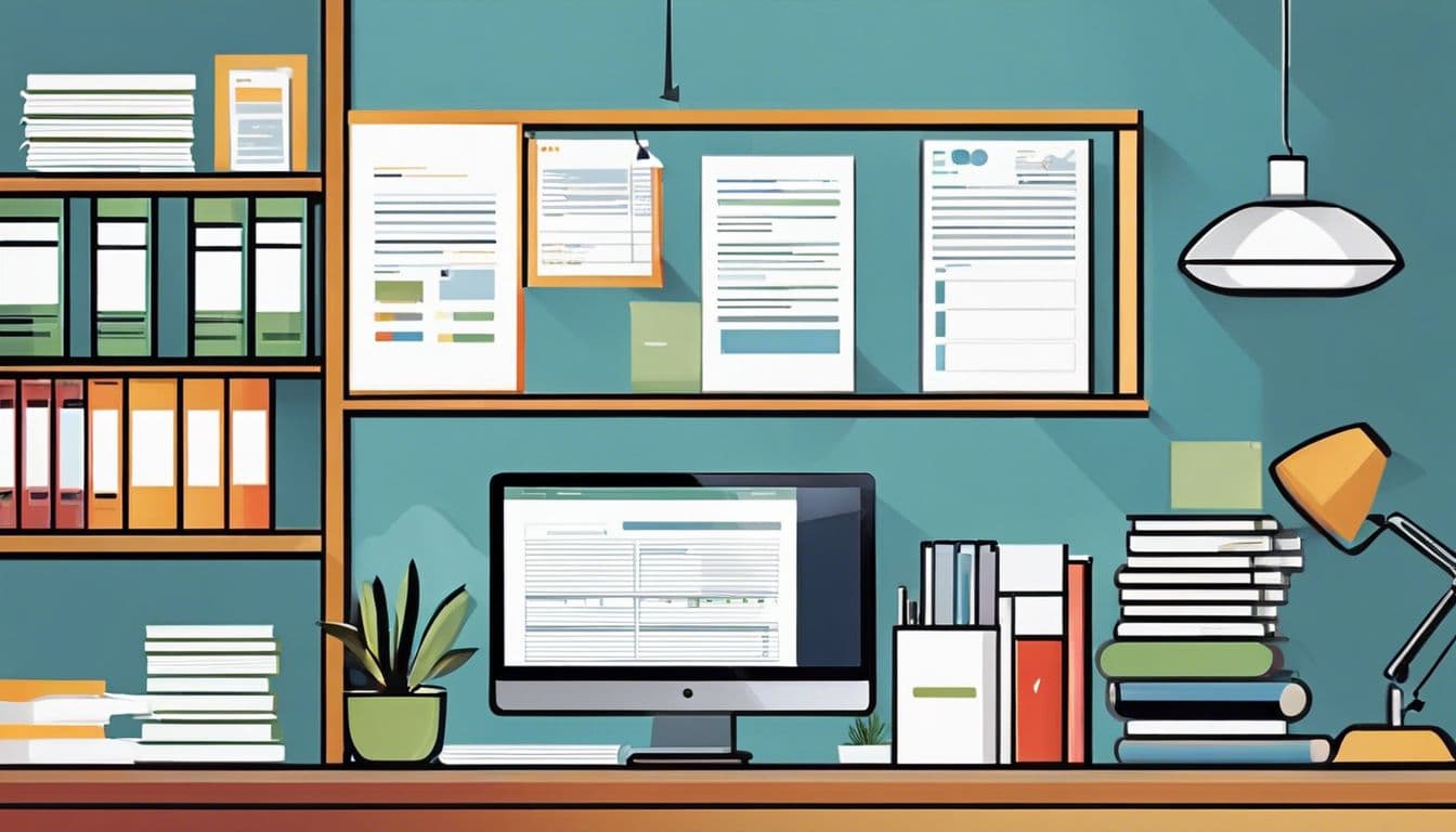 Goed georganiseerde planken met facturen en financiële documenten in kantooromgeving. Goed georganiseerde planken met facturen en financiële documenten in kantooromgeving.
