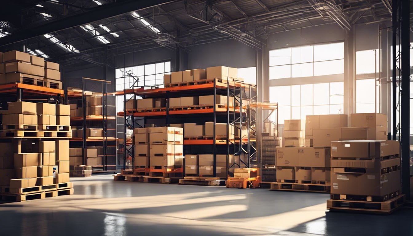 Een goed georganiseerd magazijn met keurig gestapelde pallets en kratten.