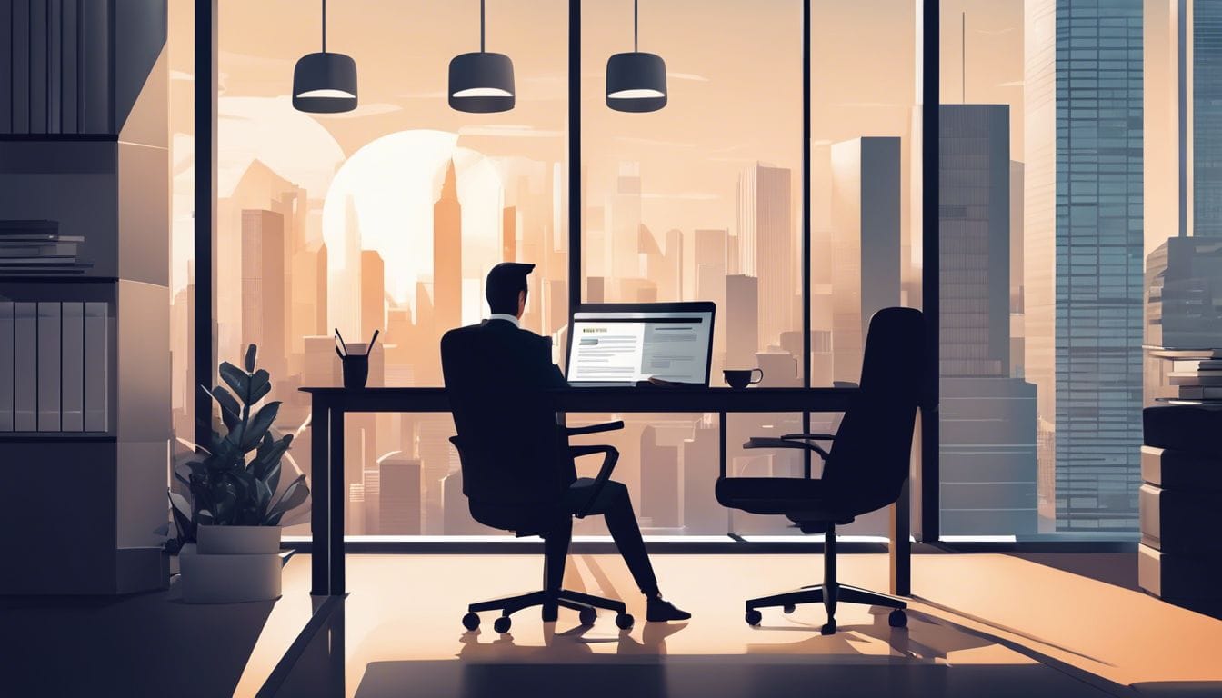 Een professioneel zit aan een bureau met georganiseerde financiële documenten in een modern kantoor. Een professioneel zit aan een bureau met georganiseerde financiële documenten in een modern kantoor.