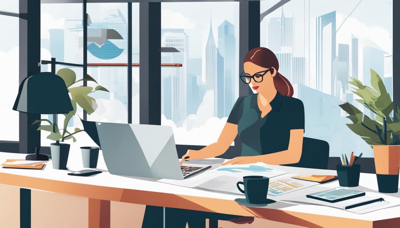 Een persoon werkt op een laptop te midden van georganiseerde financi&euml;le documenten in een professionele kantooromgeving.