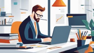 Een persoon werkt geconcentreerd op een laptop in een professionele kantooromgeving.