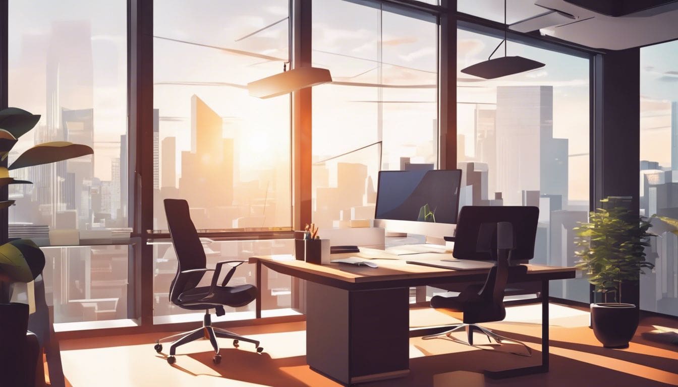 Een persoon werkt op een laptop met boekhouddocumenten in een moderne kantooromgeving.