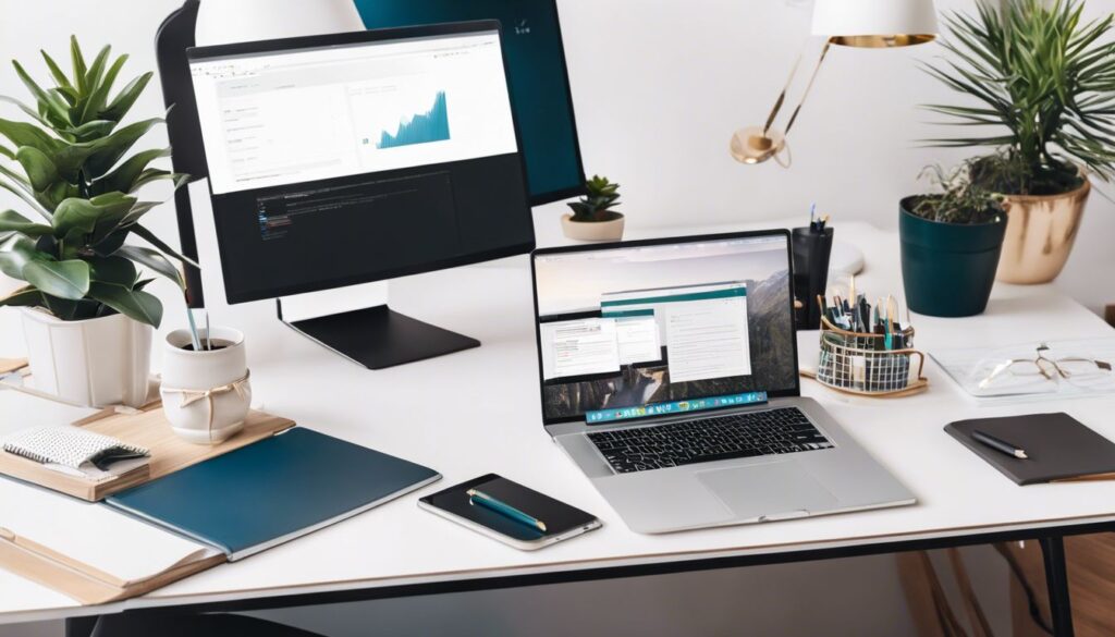 Een opgeruimd bureau met laptop en notitieboek in een kantooromgeving.