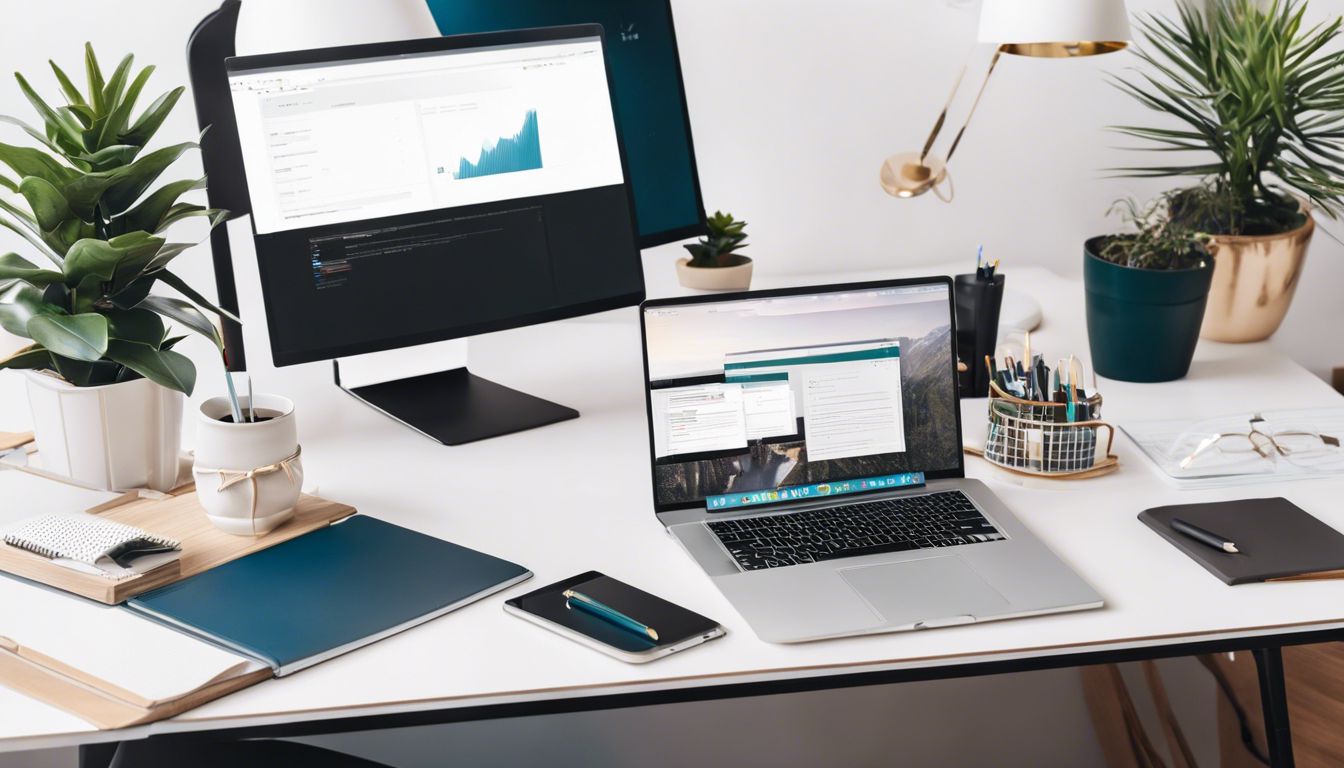 Een opgeruimd bureau met laptop en notitieboek in een kantooromgeving.