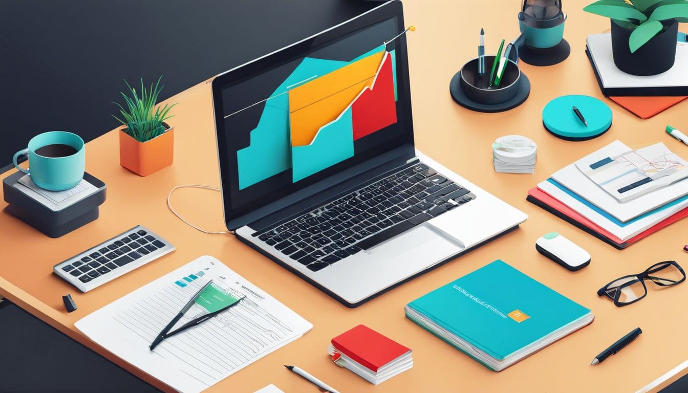 Een opgeruimd bureau met laptop, financiële documenten en rekenmachine. Een opgeruimd bureau met laptop, financiële documenten en rekenmachine.