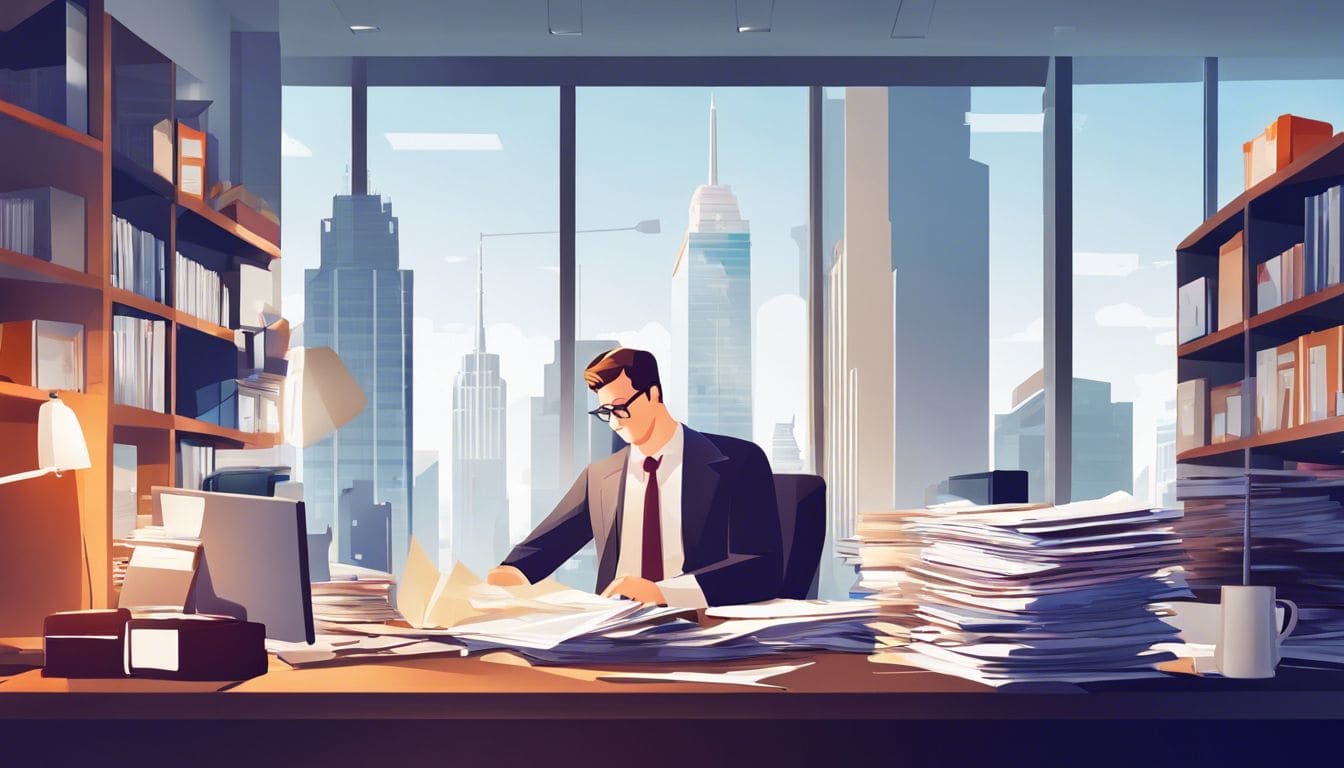 Een hardwerkende accountant op een rommelig kantoor met stapels papierwerk.