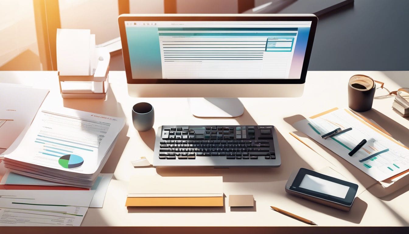 Een netjes georganiseerd bureau met computer, rekenmachine en financiële documenten. Een netjes georganiseerd bureau met computer, rekenmachine en financiële documenten.