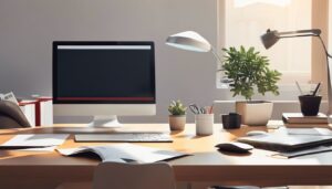 Een opgeruimd bureau met computer en rekenmachine, benadrukt organisatie en productiviteit.