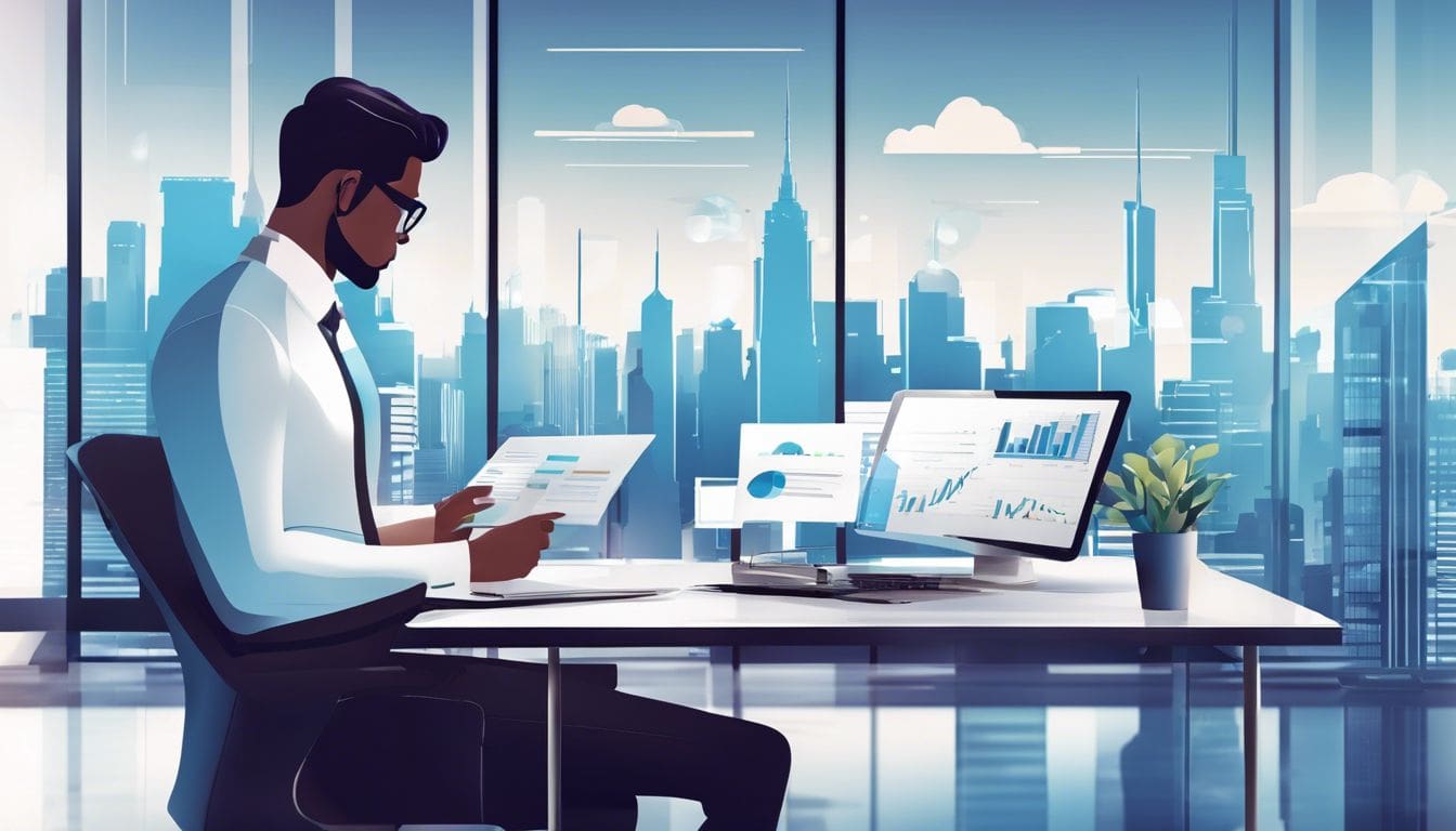 Een zakelijke eigenaar werkt aan boekhoudsoftware in een modern kantoor.