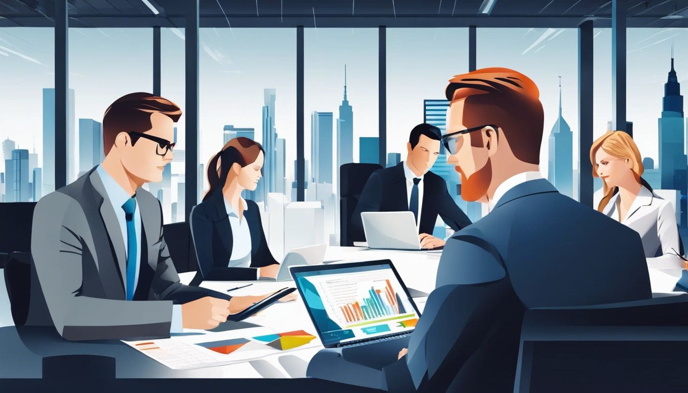 Een groep zakelijke professionals bespreekt financi&euml;le softwareoplossingen in een modern kantoor.