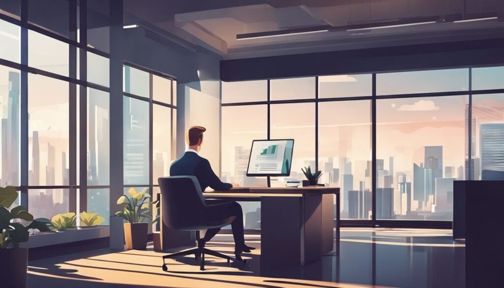 Een overheidsmedewerker bekijkt financiële documenten in een modern kantoor.