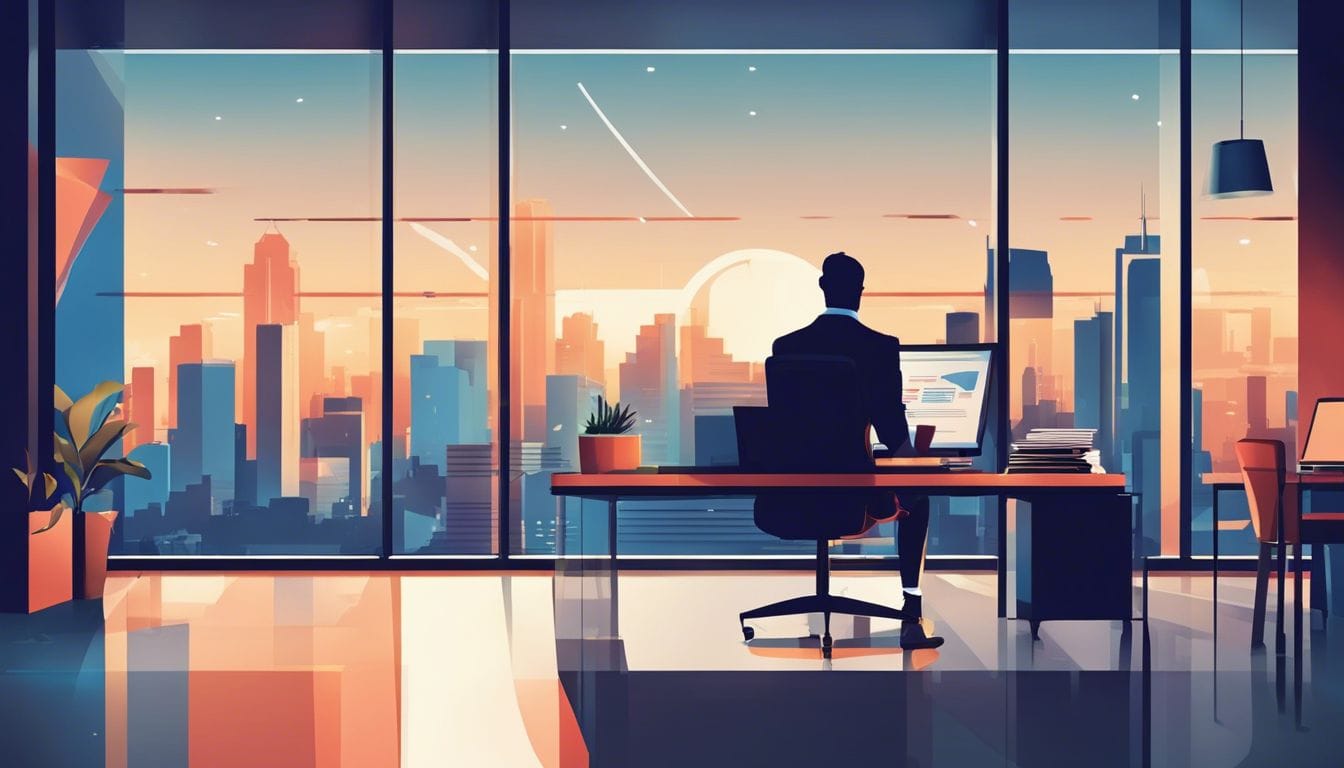 Een persoon beheert zelfverzekerd financiële documenten in een modern kantoor.