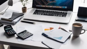 Een opgeruimd bureau met calculator, notitieblok en financiële documenten.