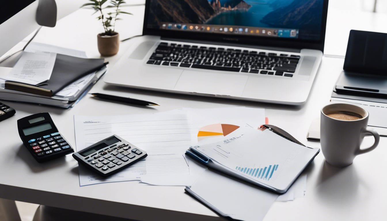 Een opgeruimd bureau met calculator, notitieblok en financiële documenten.