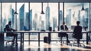 Een team van professionals analyseert financiële gegevens in een modern kantoor met stadsgezicht.