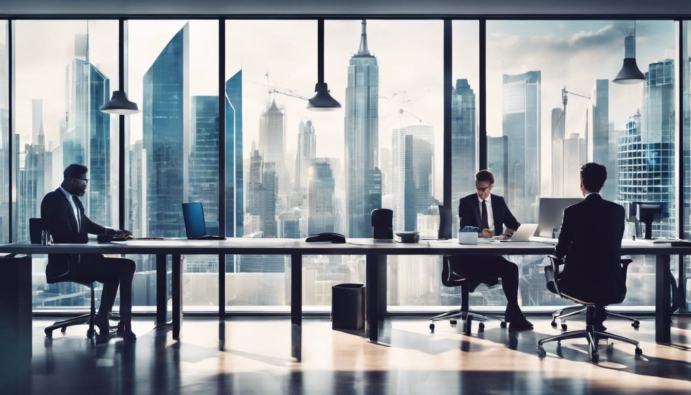 Een team van professionals analyseert financiële gegevens in een modern kantoor met stadsgezicht.