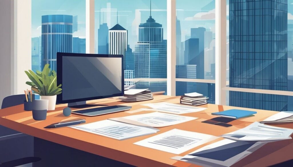 Een stapel financiële documenten op een modern kantoor met uitzicht op de stad.