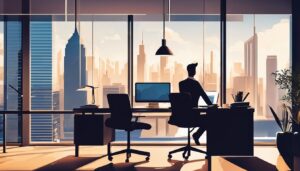 Een persoon werkt professioneel aan financiële accounts in een moderne kantooromgeving.