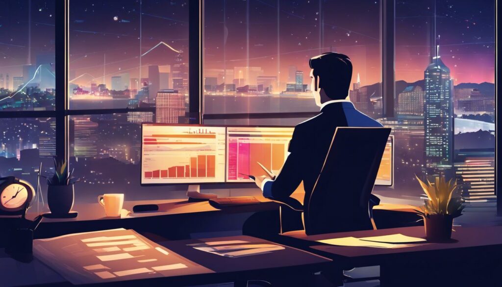 Persoon zit aan bureau met financiële planning software en nachtelijke stadsgezicht.