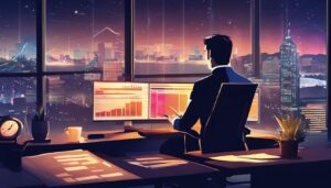 Persoon zit aan bureau met financiële planning software en nachtelijke stadsgezicht.